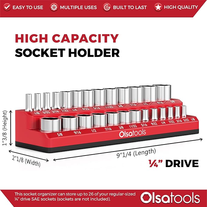 Olsa Tools Magnetic Socket Organizer | 1/4-inch Drive | SAE | RED | Holds 26 - Image 2
