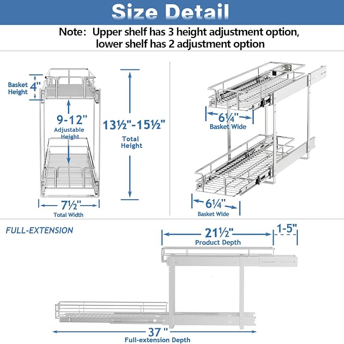 LOVMOR 2 Tier Individual Pull Out Cabinet Organizer 7½" W x 21½" D, Slide Out - Image 3