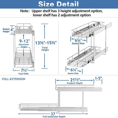 LOVMOR 2 Tier Individual Pull Out Cabinet Organizer 7½" W x 21½" D, Slide Out - Image 3