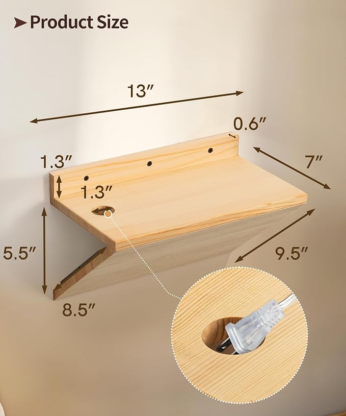 Floating Nightstand, Rustic Wooden Floating Bedside Table Z-Shape Wall Mounted - Image 2
