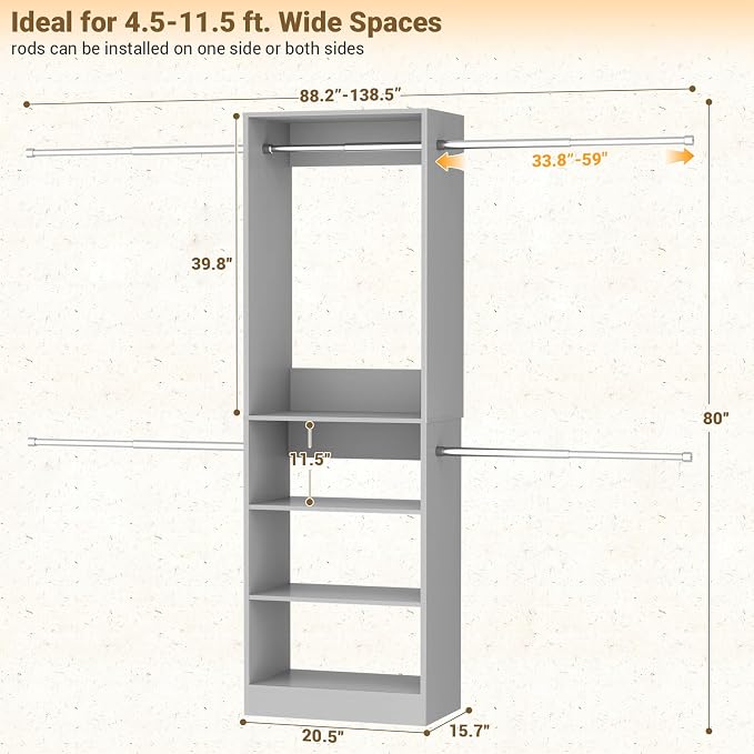 Homieasy Closet System, 4.5-11.5 Ft Expandable Closet Organizer, Walk-in Wood - Image 3
