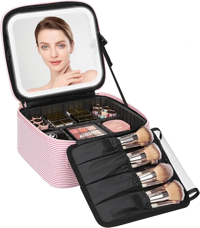 Relavel Travel Makeup Bag With LED Mirror, Portable Cosmetic Bag Organizer with by Relavel
