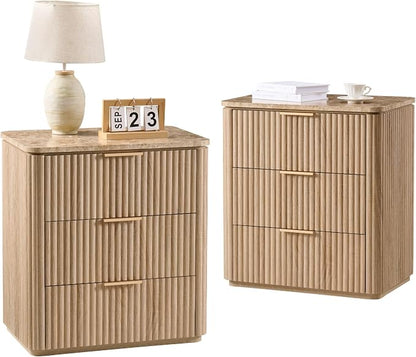 Fluted Nightstand Set of 2, Engineered Wood Bedside Table by DelArk