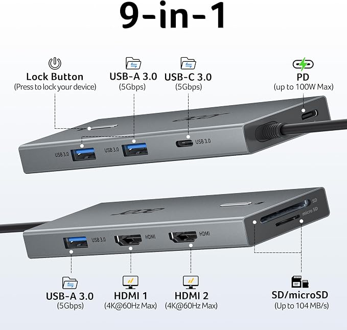 Acer USB-C Docking Station Dual Monitor, 9-in-1 Laptop Dock - Image 2