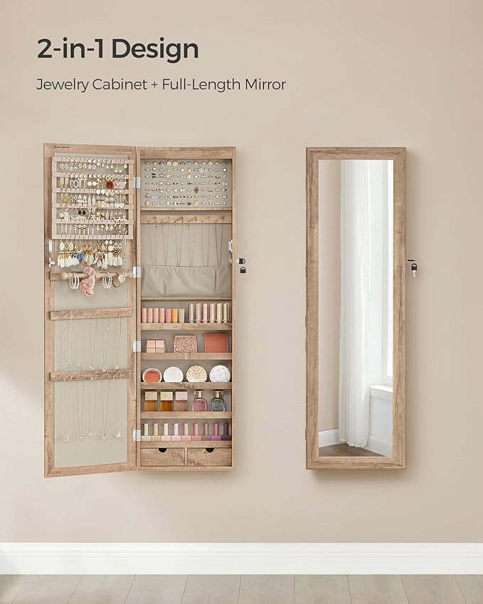 SONGMICS 6 LEDs Mirror Jewelry Cabinet, 47.2-Inch Tall Lockable Wall or Door - Image 4