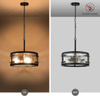 13" Industrial Drum Glass Chandelier, 3-Light Rustic Hanging Pendant Lights, Metal Round Lighting Fixture for Dining Room Foyer Entryway Hallway Bedroom, Clear Waterglass Drum Shade
