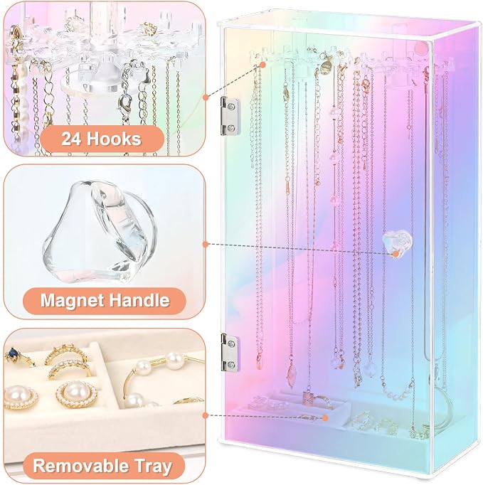 Jenseits Iridescent Necklace Organizer, Acrylic Necklace Holder w/Velvet Tray - Image 2