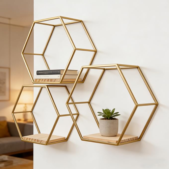Gold Hexagon Floating Wall Shelves 3 Pack | Geometric Shelving - Image 4