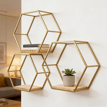 Gold Hexagon Floating Wall Shelves 3 Pack | Geometric Shelving - Image 4
