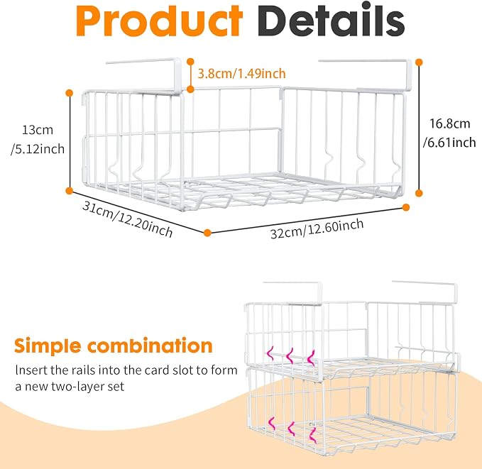 Hanging Under Shelf Storage Basket, 2 Pack Foldable Under Cabinet Metal Desk - Image 7