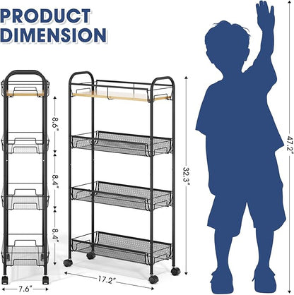 TOOLF 4-Tier Slim Rolling Cart, Metal Utility Cart, Slide Out Storage Cart - Image 2