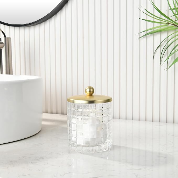 Clear Tranparent Apothecary Etched Geometric Grid Glass Jar W/Gold Metal Lid - Image 4