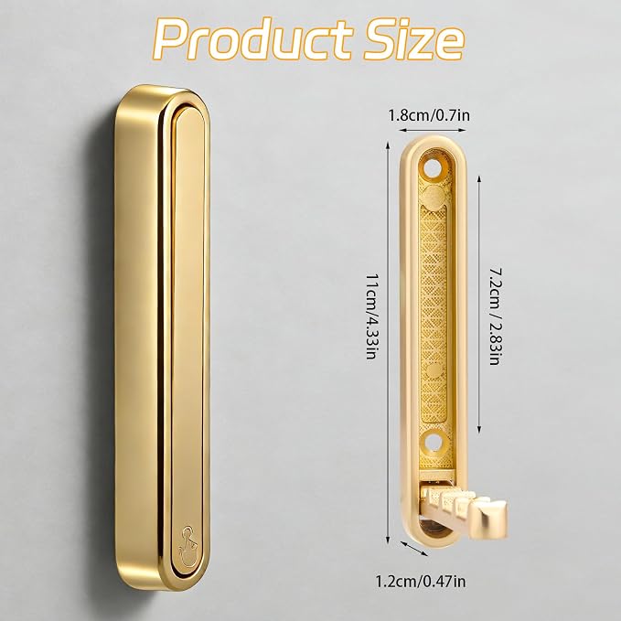 4.33 in Extended Folding Coat Hooks, 2 Pack Gold Wall Hooks, Zinc Alloy | 90° - Image 2