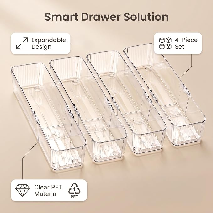 4-Pack Expandable Utensil Drawer Organizer | Clear Plastic Adjustable Storage - Image 4