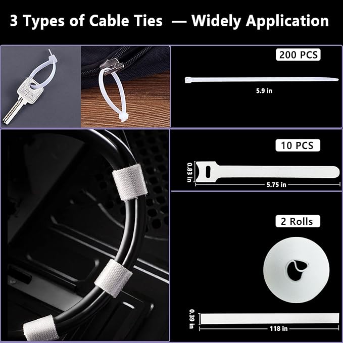 White Cable Management Organizer Kit 4 Cable Sleeve Split, 47Cable Clips 12Cord - Image 4