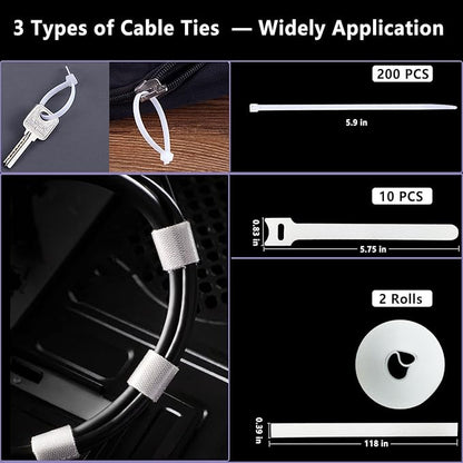 White Cable Management Organizer Kit 4 Cable Sleeve Split, 47Cable Clips 12Cord - Image 4