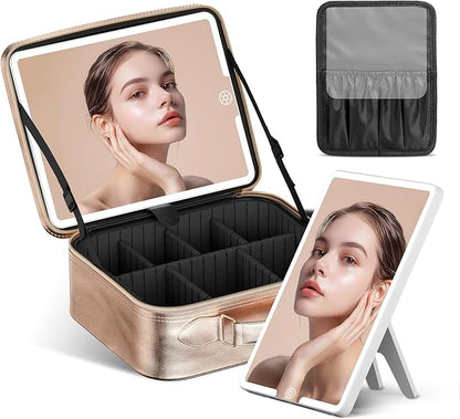 JUSRON Travel Makeup Bag With LED Mirror, Cosmetic Train Case with Light up by JUSRON