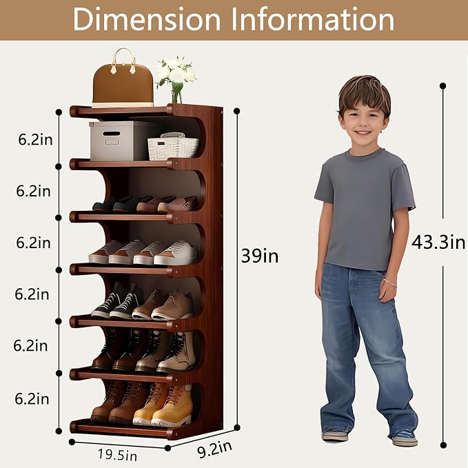 7-Tier Vertical Shoe Rack, Bamboo Free Standing Shoe Rack Shelf, Shoe Storage - Image 2