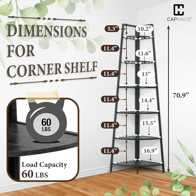 CAPHAUS 6-Tier Corner Shelf Stand, Tall Display Shelves, Ladder Corner Wood - Image 2