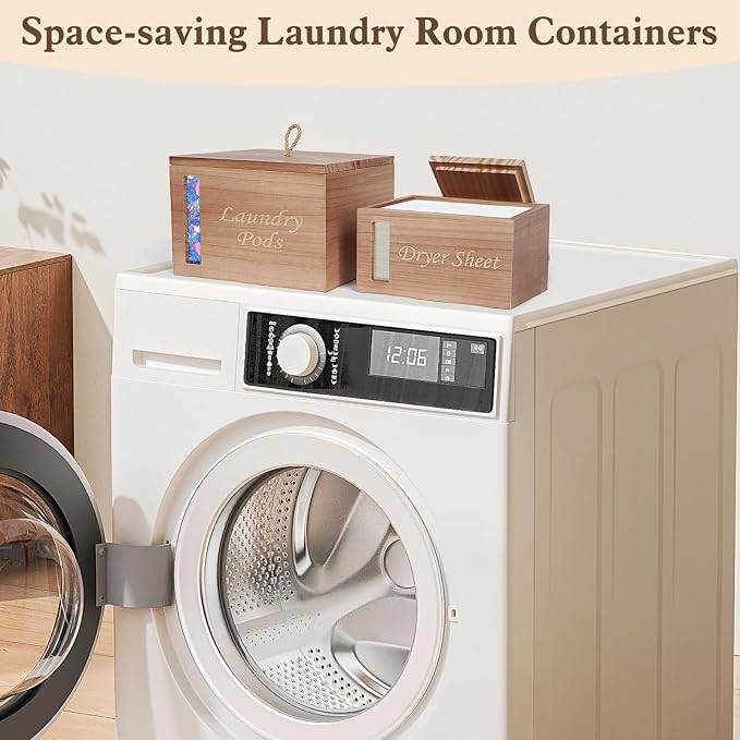 2 Pcs Wood Laundry Pods Container & Dryer Sheet Holder, Solid Pine Laundry - Image 2