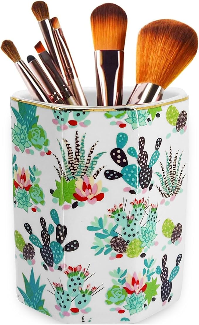 Pen Holder, Makeup Brush Holder Ceramic Shiny Gold Tropical Cactus Floral by LEAZUL