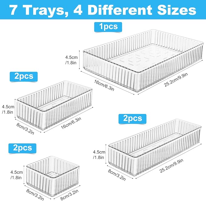 HOTOOLME 7PCS Clear Drawer Organizers Bins, 4 Size Stackable Makeup Drawer - Image 3