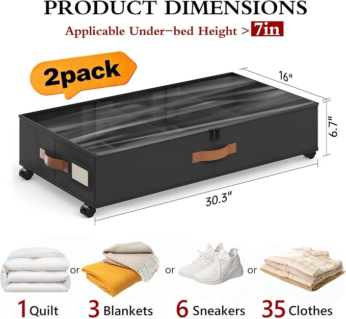 Yecaye Under Bed Storage with Wheels, 2 Pack Under Bed Storage Containers with - Image 3
