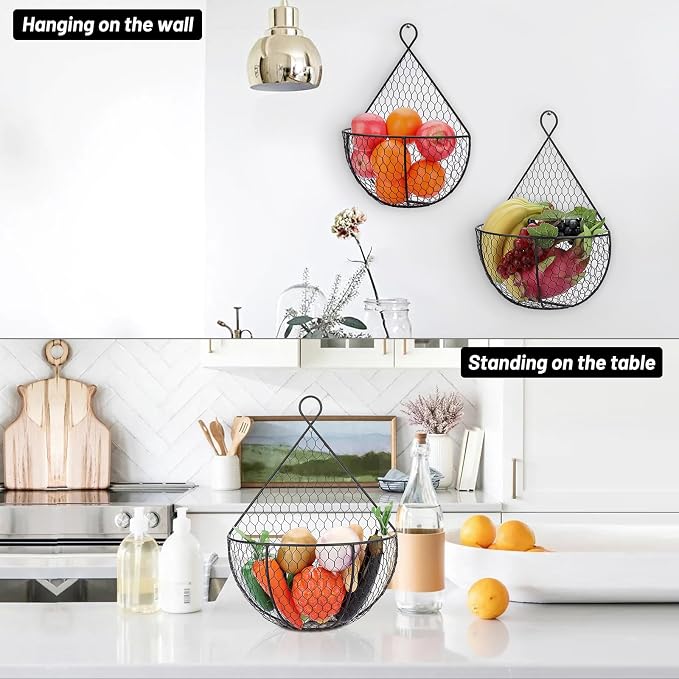 BSTKEY Set of 2, Wall-Mounted Hanging Metal Fruit Vegetable Baskets Hanging - Image 4