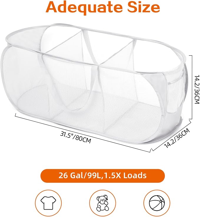 Durable Collapsible Foldable Mesh Pop Up Laundry Basket, 3 Compartments Easy to - Image 4