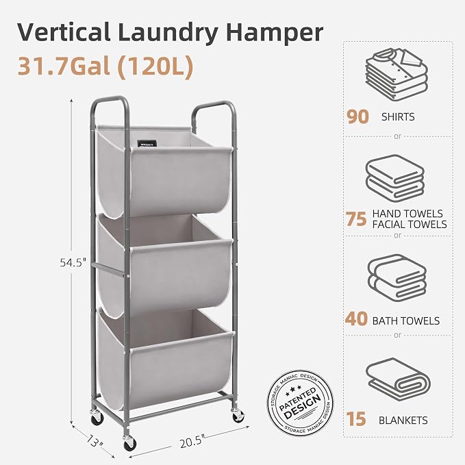 STORAGE MANIAC 120 Liters Vertical Rolling Laundry Hamper, 3 Section Laundry - Image 6