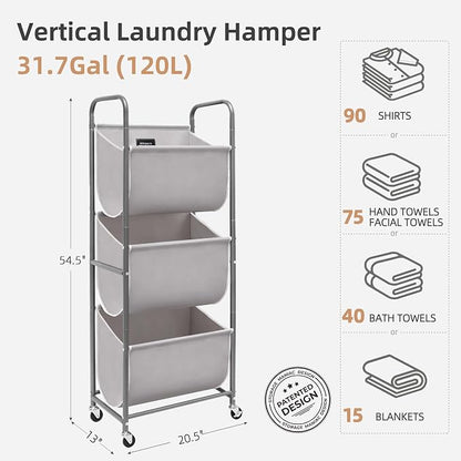 STORAGE MANIAC 120 Liters Vertical Rolling Laundry Hamper, 3 Section Laundry - Image 6