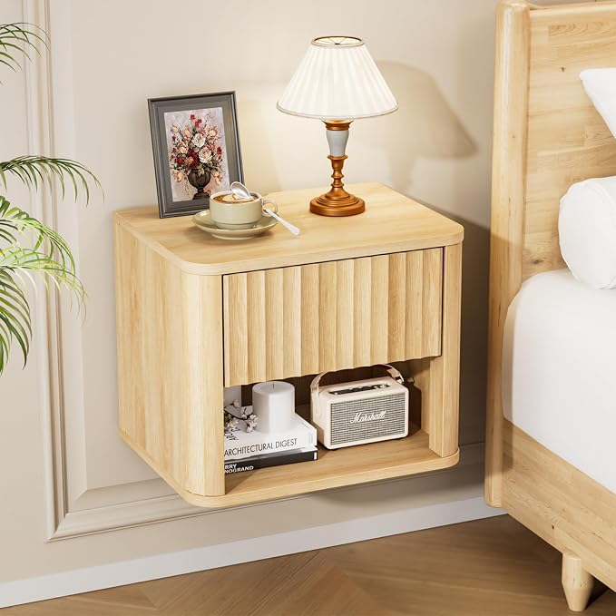 VINGLI Floating Nightstand Set of 2, Fluted Nightstands Rounded Edge, Oak - Image 3