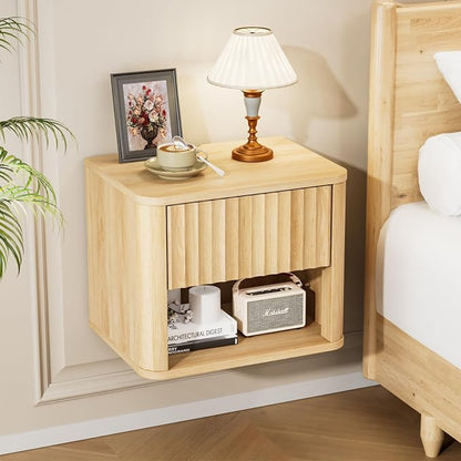 VINGLI Floating Nightstand Set of 2, Fluted Nightstands Rounded Edge, Oak - Image 3