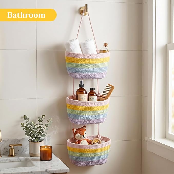 TeoKJ Over the Door Hanging Basket, 3-Tier Woven Cotton Wall-Mounted Storage - Image 8