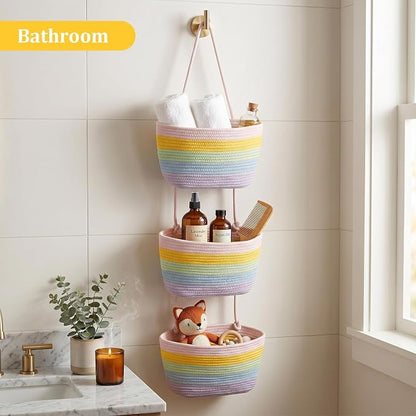 TeoKJ Over the Door Hanging Basket, 3-Tier Woven Cotton Wall-Mounted Storage - Image 8
