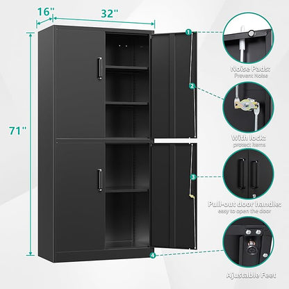 Metal Storage Cabinet with 3 Adjustable Shelves and 4 Doors, Steel Tool Cabinets - Image 3