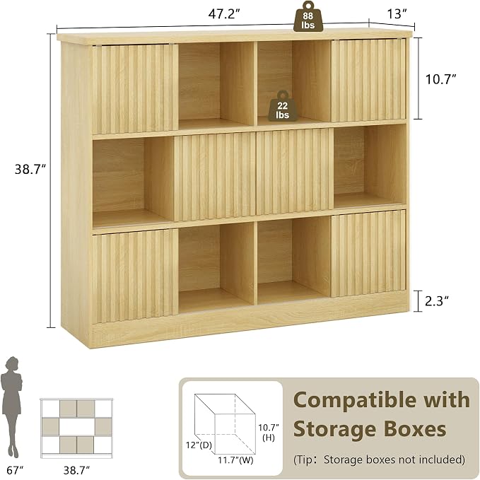 iPormis 12 Cube Bookcase with 6 Fluted Sliding Doors, 3 Tier Wooden Bookshelf - Image 2