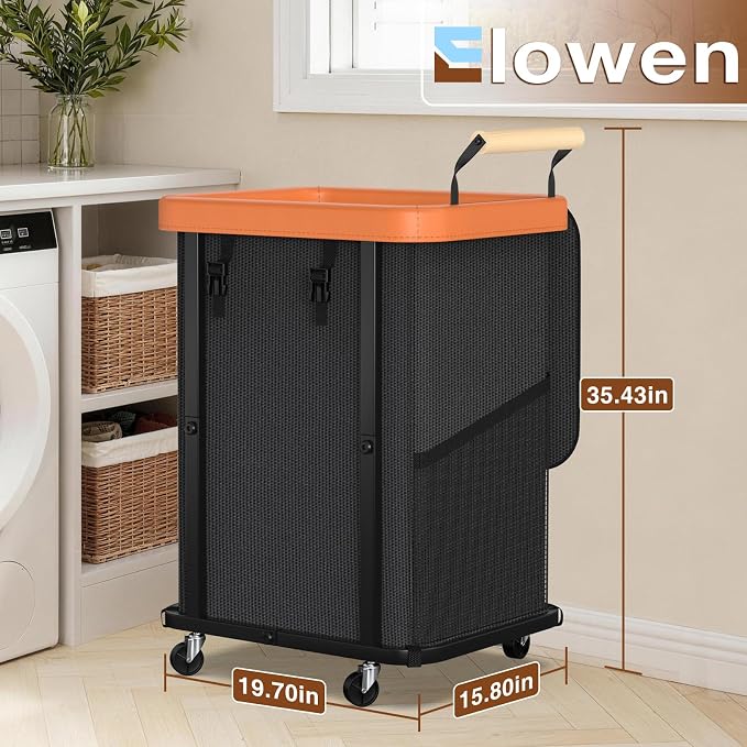 40 Gal Laundry Hamper with Lid, Leather Patchwork Laundry Basket with Rolling - Image 6