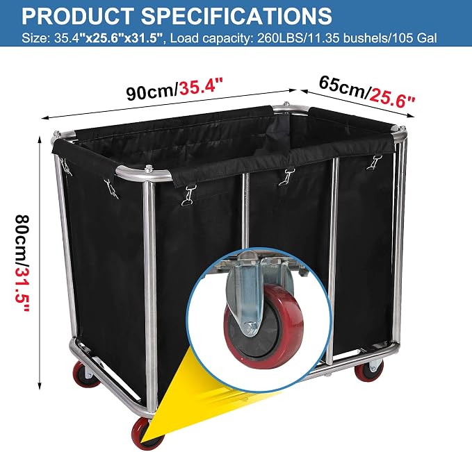 Large Laundry Cart with Wheels, Commercial Stainless Steel Heavy Duty Service - Image 2