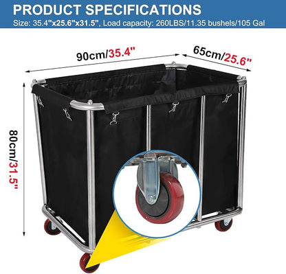Large Laundry Cart with Wheels, Commercial Stainless Steel Heavy Duty Service - Image 2
