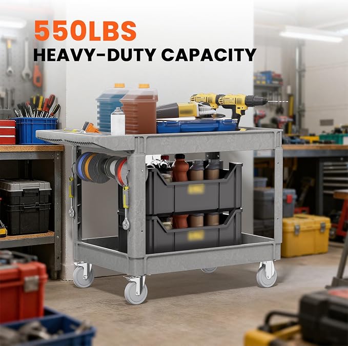 2 Tier Plastic Rolling Utility Cart on Wheels, Heavy Duty Tool Cart - Image 4