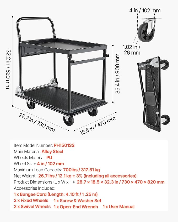 VEVOR Heavy Duty 2 Tier Platform Hand Truck, 700 lbs 2 Tier Push Tool Cart - Image 7