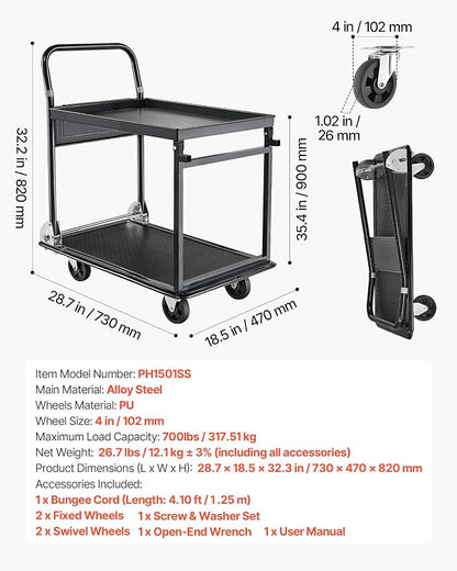 VEVOR Heavy Duty 2 Tier Platform Hand Truck, 700 lbs 2 Tier Push Tool Cart - Image 7