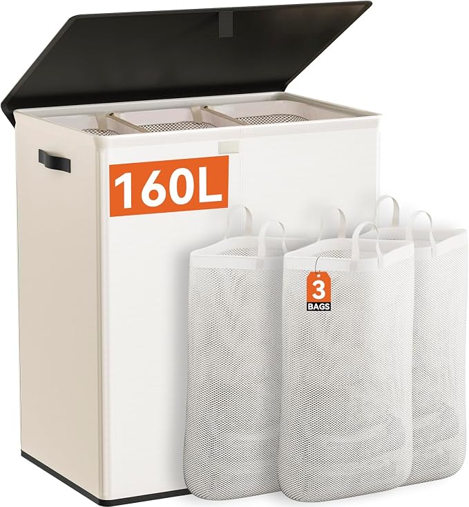 WOWLIVE Laundry Hamper with Lid, 160L Large Laundry Basket 3 Section with by WOWLIVE