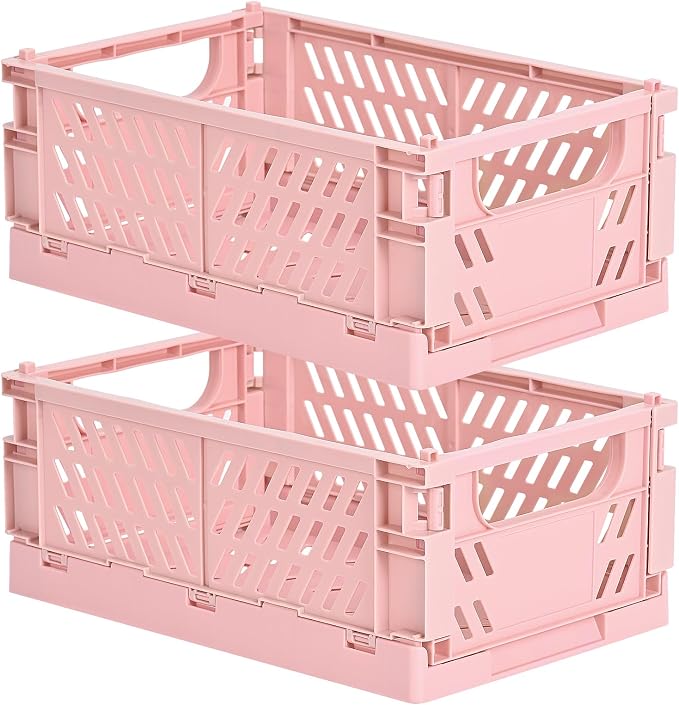 2-Pack Small Pastel Plastic Storage Baskets, Collapsible Crates by HUUSMOT