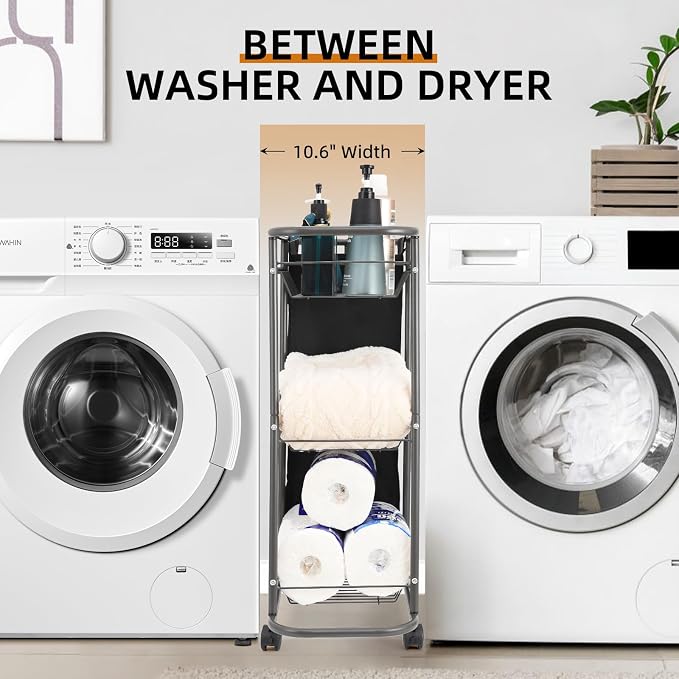 Rolling Laundry Cart with Wheels: 3-Tier Laundry Caddy Between Washer and Dryer - Image 8