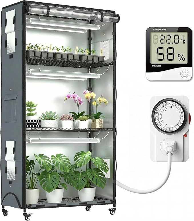 Indoor Greenhouse with Grow Lights & Cover, Plant Stand with Wheels | by ZOYOYES