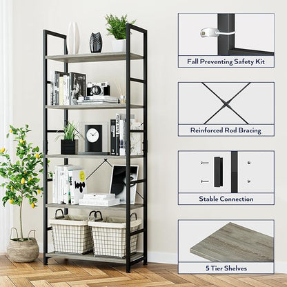 NUMENN 5 Tier Bookshelf, Tall Freestanding Open Storage Bookcase, Support Bars - Image 5