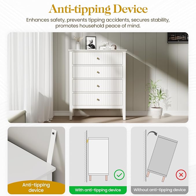 White Fluted 4 Drawer Dresser Set of 2 - Image 7