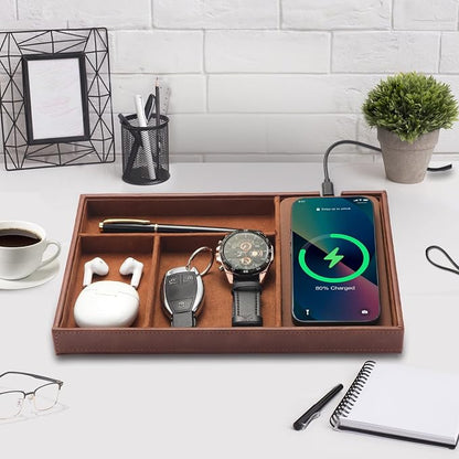 TopMade Valet Tray with Wireless Charging Pad Nightstand Organizer, Leather - Image 2
